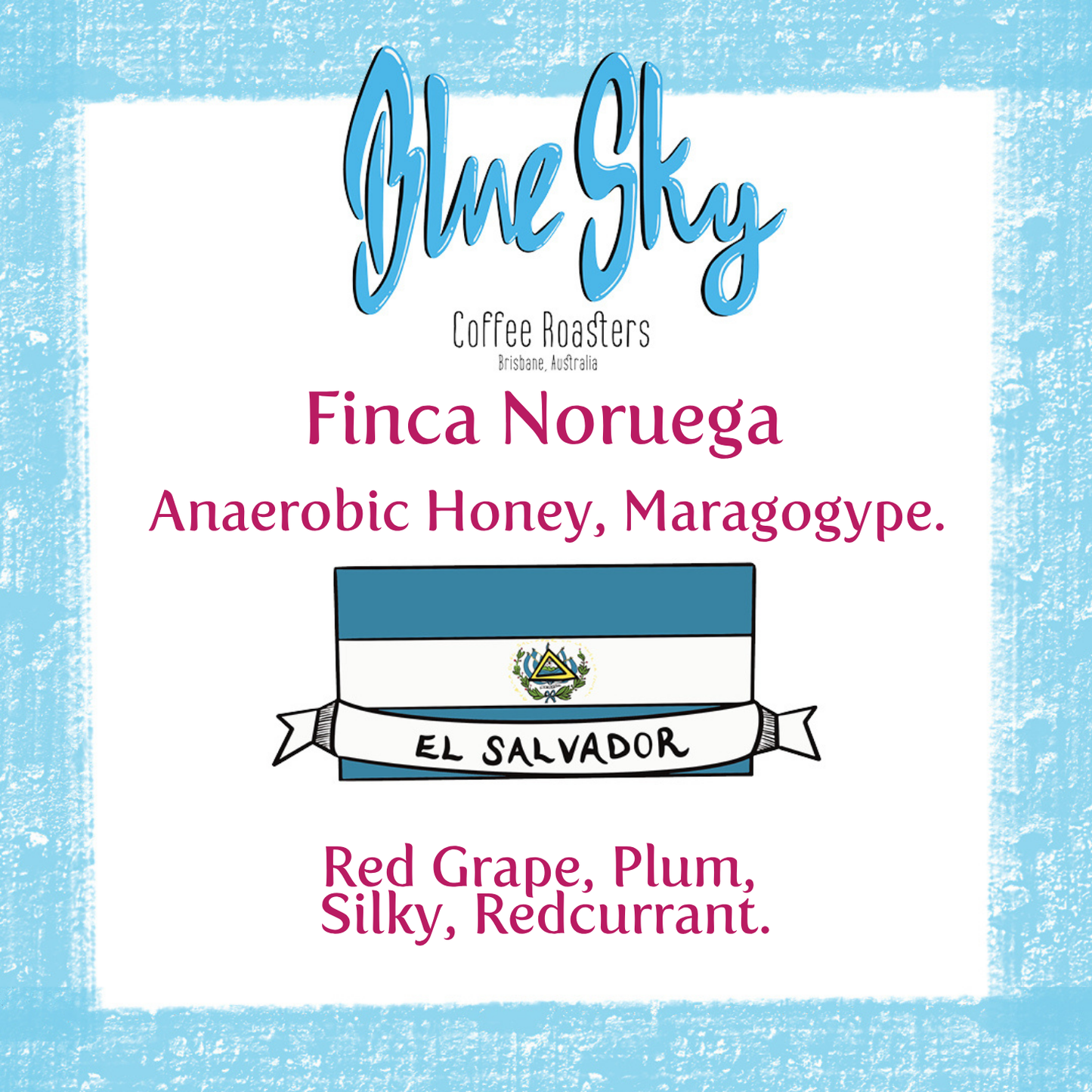 Coffee label for 'Finca Noruega' from El Salvador with Blue Sky Coffee Roasters branding.