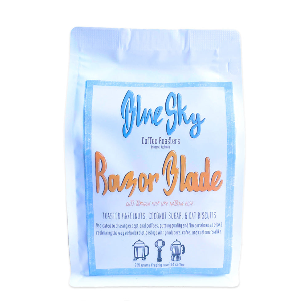 Blue Sky Coffee Roasters Razor Blade coffee packaging on a white background